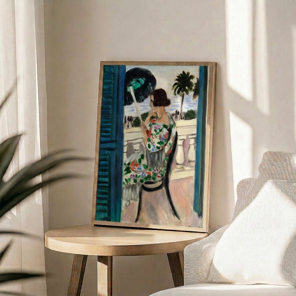Serene figure seated at a sunlit balcony, presented as an abstract print with subdued color harmony and flowing, meditative aesthetic.