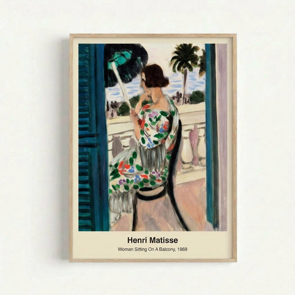 Modern art print featuring a woman on a balcony in an emotionally expressive abstract style, with white and black accents against warm ochre and cool blue.
