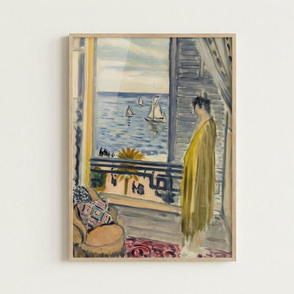 Art print featuring a serene interior scene with a contemplative figure at a window surrounded by emerald green shutters and radiant warm light, in bold Fauvist colors.