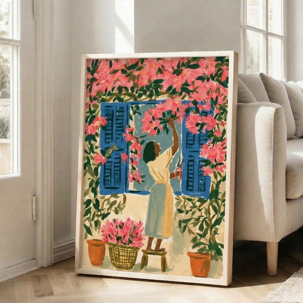 Coastal-inspired art print showing a figure caring for vibrant pink flowers and potted plants near a blue-shuttered window, rendered in warm romantic retro style.