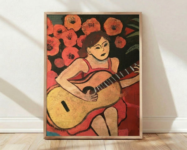 Abstract portrait of a woman holding a guitar in warm ochres and cool blues, framed poster with modernist geometric shapes and flowing lines.
