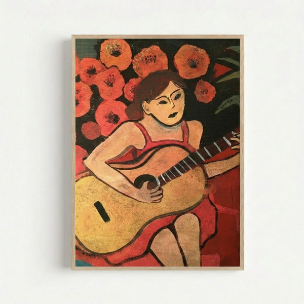Framed art print featuring a stylized female figure with a musical instrument rendered in vibrant Matisse colors and Cubist-inspired forms.
