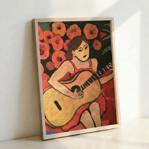 Wall art depicting a woman with guitar in soft pastels and bold outlines, characteristic of early 20th-century modernist painting style.