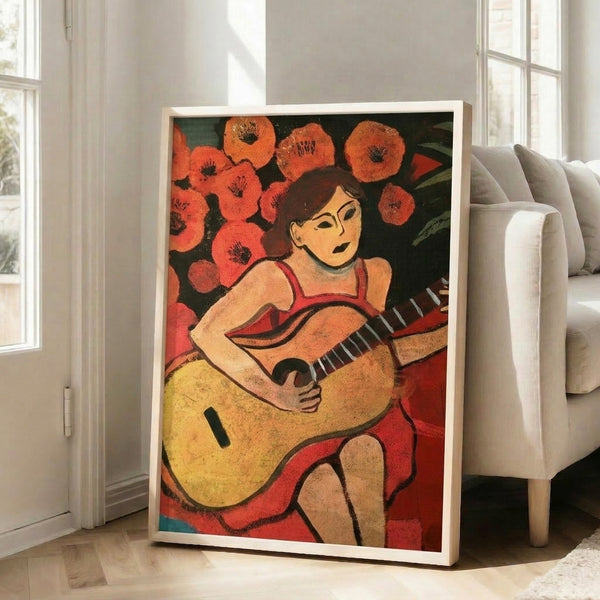 Matisse-inspired framed poster showing an elegantly posed woman clutching a guitar amid abstract shapes in warm and cool tones.