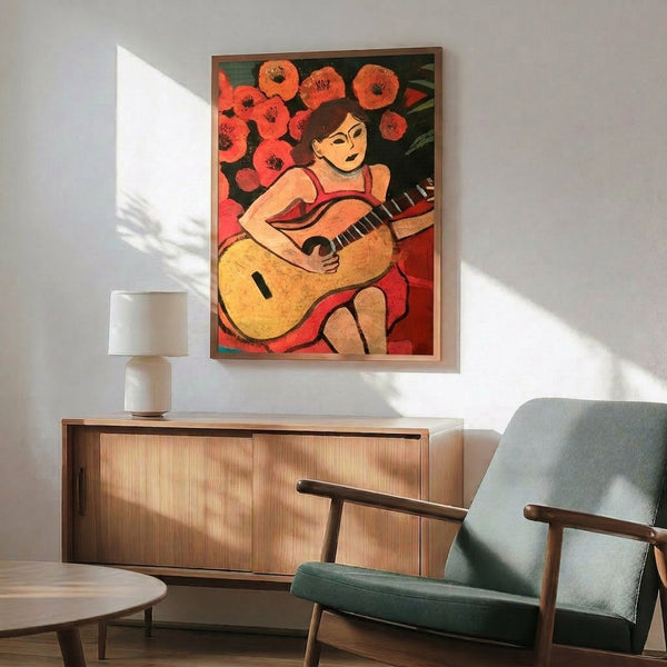 Contemporary wall poster of a seated woman with guitar rendered in simplified forms and a harmonious palette of ochre, blue, and neutral hues.