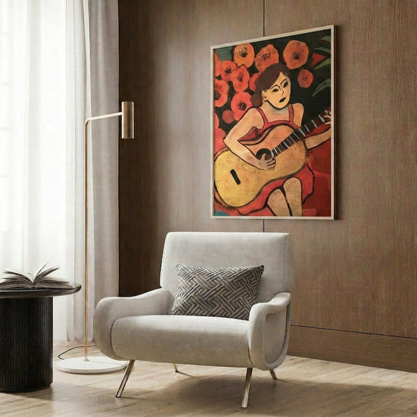 Framed print displaying a reclining figure with musical instrument in abstract modernist style with organic curves and balanced color composition.