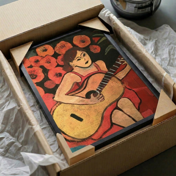 Art print of a woman and guitar in sophisticated color harmony, capturing the essence of early modernist portraiture with geometric abstraction.