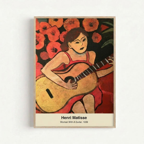 Modern art print featuring a musician figure with guitar in harmonious cream, green, and blue hues on a gallery wall.