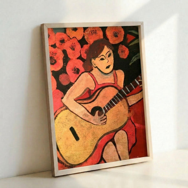 Decorative wall art showing an abstracted woman holding a guitar in warm ochre and cool blue tones, Matisse-inspired composition.