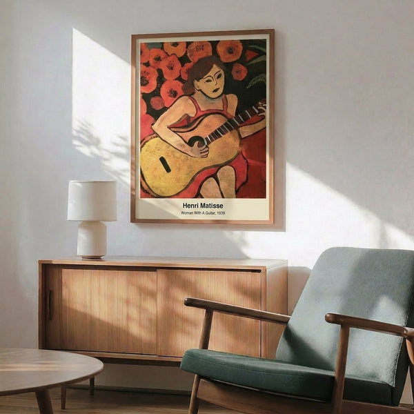 Gallery-style art print of a girl with guitar in harmonious warm and cool tones, capturing Matisse's playful decorative spirit.