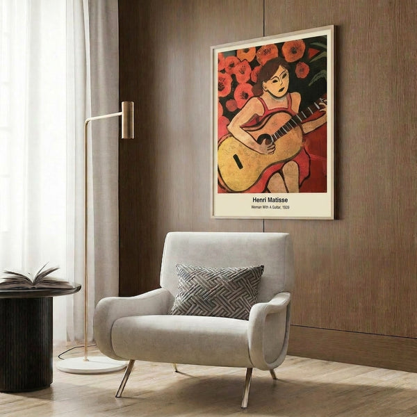 Matisse-style framed poster of a musician with guitar in bold abstract shapes and a warm ochre, red, and green palette.