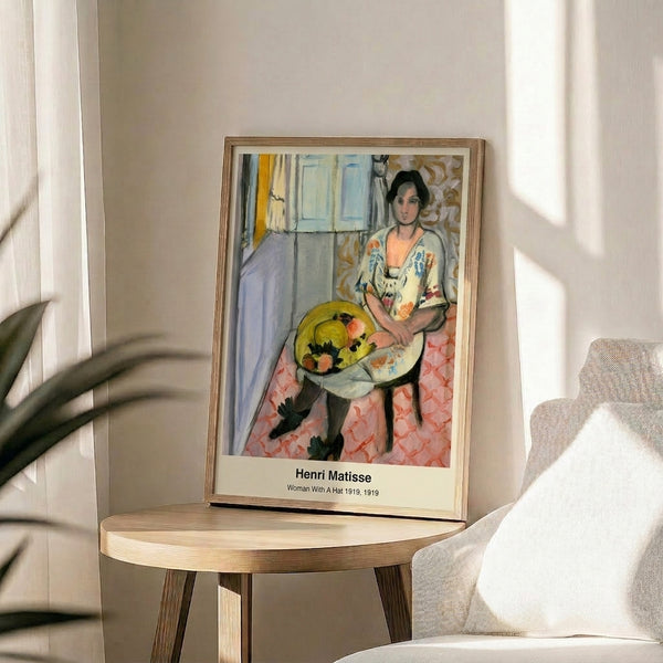 Abstract figure portrait of a woman wearing a hat in vibrant Fauvist palette of blues, yellows, oranges, and pinks; sophisticated modern wall art.