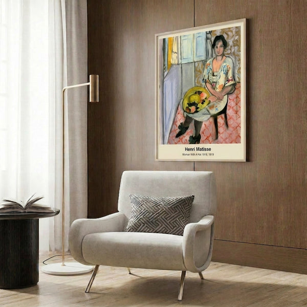 Woman's portrait with hat rendered in vivid abstract style using saturated blues, pinks, greens, and oranges; sophisticated and expressive framed art print.