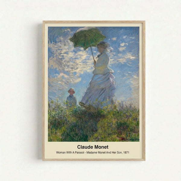 Serene Impressionist artwork featuring a figure with parasol in a luminous landscape, displayed as a framed art print with pale cream and blue tones.