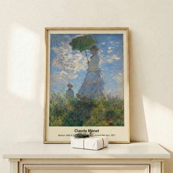 Leisurely Impressionist scene of a parasol-carrying woman in a sunlit meadow, rendered in gentle cream, blue, and green hues as wall art.