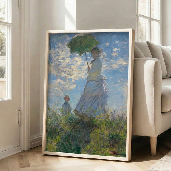 Impressionist landscape showing a figure with parasol enjoying a peaceful moment outdoors, framed in soft blue, yellow, and white color palette.