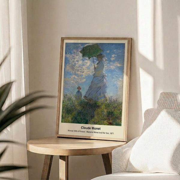 Luminous Impressionist portrait of a woman holding a parasol in a flowering field with a companion, featuring soft blues and pale yellows in framed art form.