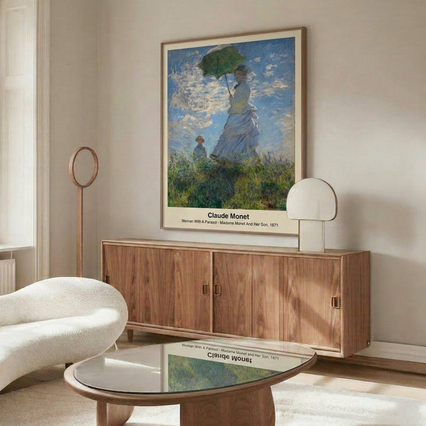 Serene Impressionist masterpiece of a parasol-shaded figure in an open landscape, capturing gentle movement and natural light in soft cream and green tones.