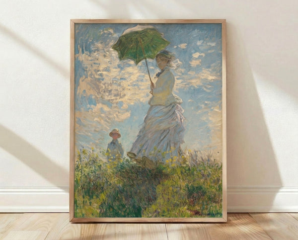 Impressionist painting of a woman holding a parasol with a child walking through a sunlit meadow, rendered in soft blues, greens, and warm tones.