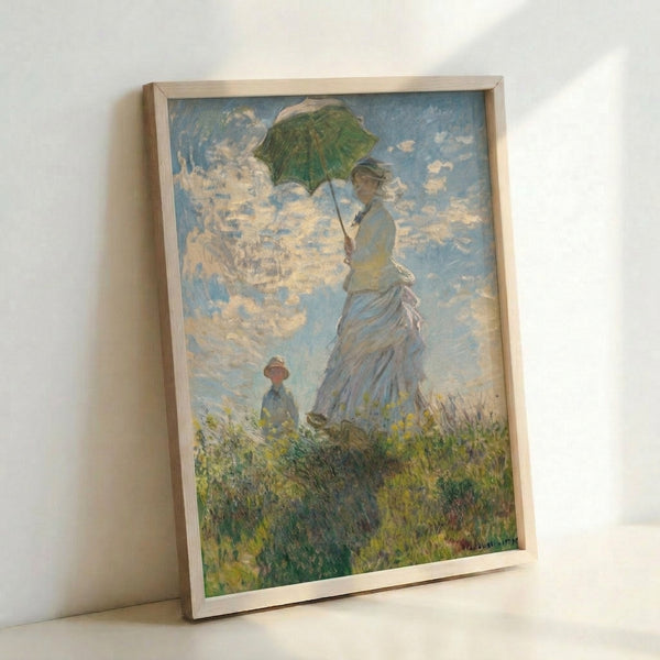 Soft impressionist landscape showing a figure in a white dress with parasol accompanied by a child amid wildflowers and hazy sunlight.