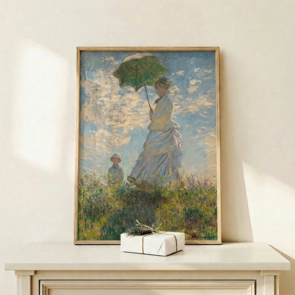 Classical impressionist poster art featuring a woman with parasol and young boy in a sun-dappled meadow with delicate brushwork and atmospheric colors.