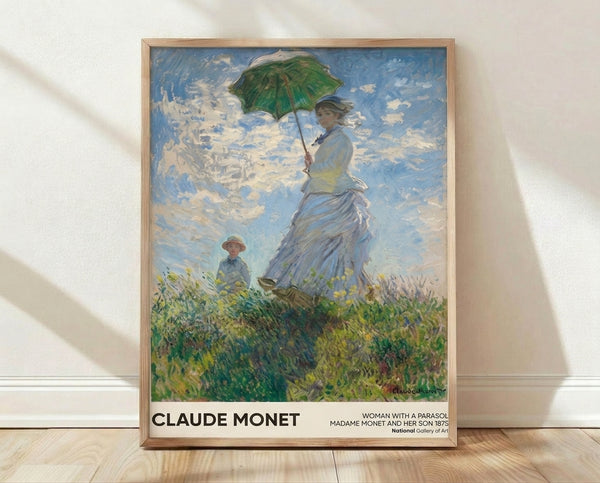 Impressionist painting of a woman holding a parasol in a sunlit field with a child and wildflowers, rendered in soft blues, greens, and creams.