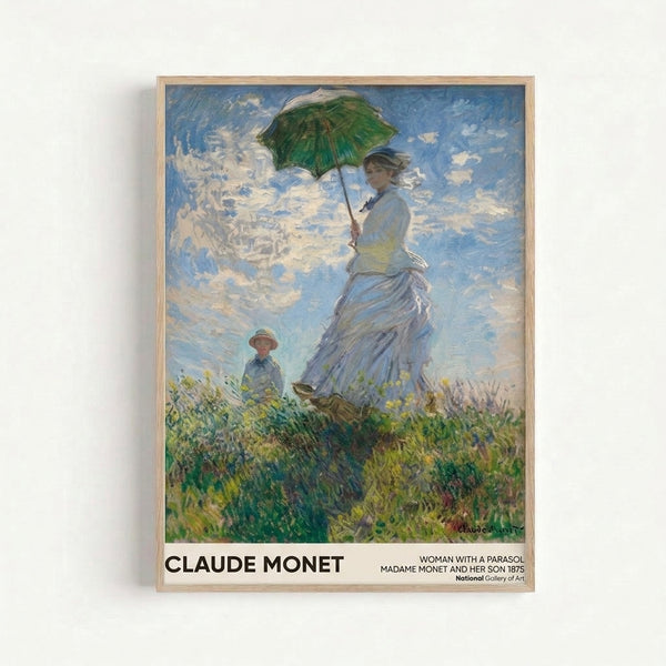 Serene Impressionist scene featuring a woman and child in a blooming meadow beneath a luminous sky, framed art print in pale yellows and cool tones.
