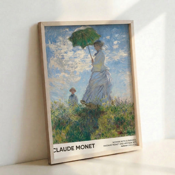 Woman with parasol standing amidst flowers in a peaceful countryside landscape, Impressionist style poster with delicate blue and green hues.