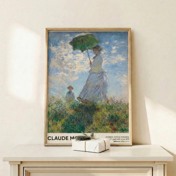 Tranquil Impressionist artwork showing a figure shielding herself with a parasol while enjoying leisure time in a flower-filled field under soft sunlight.