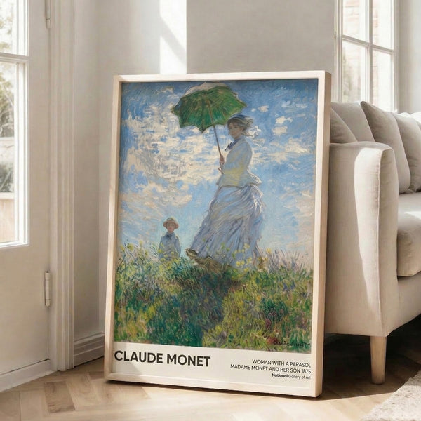 Luminous Impressionist painting of a parasol-carrying woman and child in a bright outdoor setting surrounded by wildflowers and gentle sky tones.