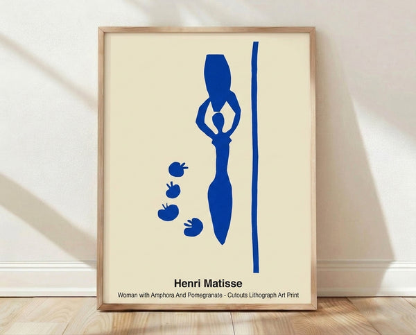 Matisse-inspired minimalist cutout art featuring an elegant woman in ochre and cream alongside a crimson amphora and pomegranate on a neutral background.