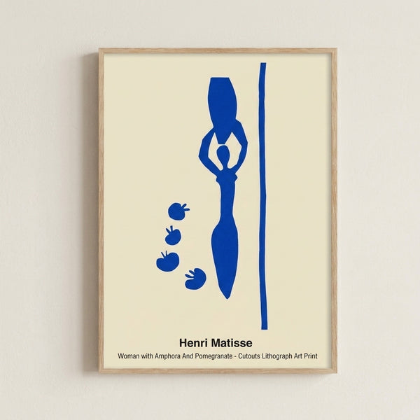 Modern abstract framed poster with a sophisticated figure and decorative vessel in warm earth tones and deep red, rendered in elegant cutout style.