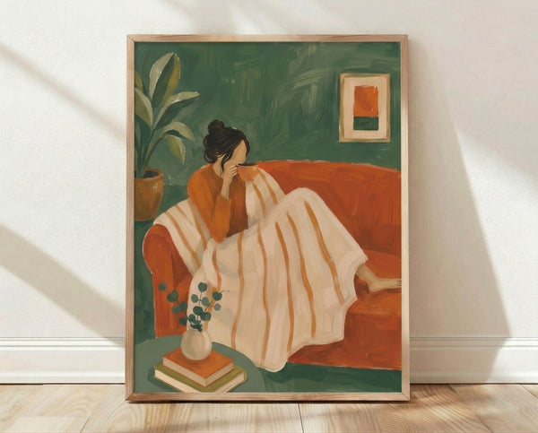 Minimalist Japandi art print of a woman in sage green interior sitting on a couch with coffee cup, plants, and books, creating a calm and cozy domestic scene in cream and terracotta tones.