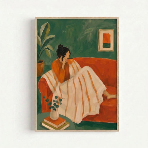 Modern poster featuring a serene woman enjoying coffee on a couch surrounded by potted plants and stacked books, rendered in soft sage green, burnt orange, and cream palette with minimalist aesthetic.