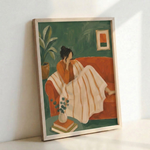 Japandi-style wall art showing an introspective woman at home with a warm beverage, comfortable couch, indoor plants, and reading materials in muted earth tones and sage green hues.