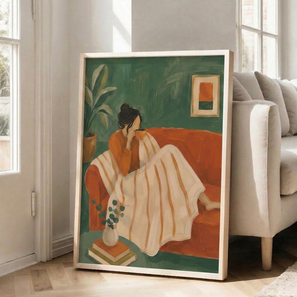 Calm and minimalist framed poster depicting a peaceful domestic moment: woman with coffee on couch amid plants and books, executed in soothing sage green, cream, and terracotta colors.
