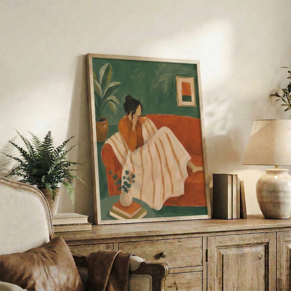 Modern minimalist art print in Japandi style portraying a cozy self-care moment with a woman, coffee cup, plants, and books in a serene sage green and burnt orange interior setting.