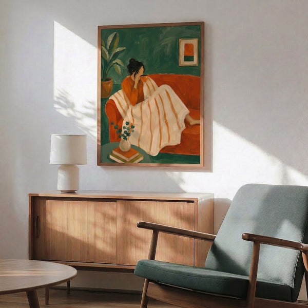 Japandi home decor poster in soft sage green and terracotta tones showing a tranquil woman enjoying coffee on a couch surrounded by botanical elements and literature.