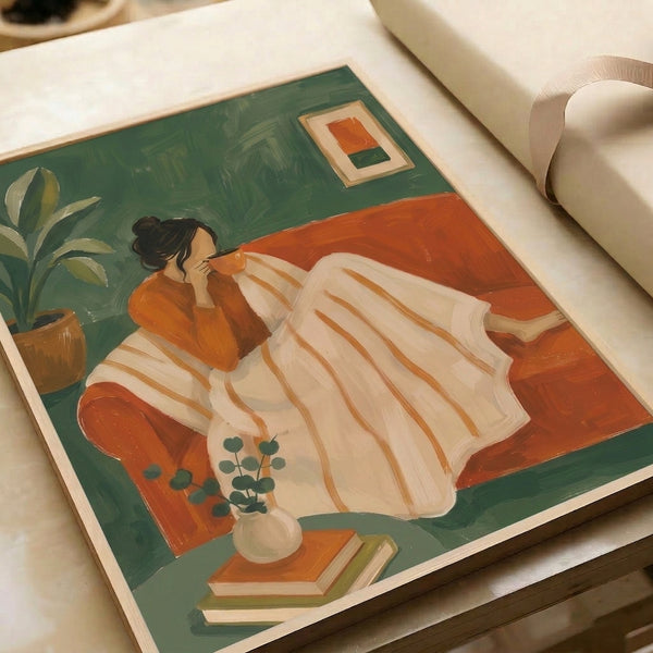 Minimalist wall art celebrating domestic tranquility: woman with coffee, couch, potted plants, and books in a Japandi-inspired composition of cream, sage green, and warm earth tones.