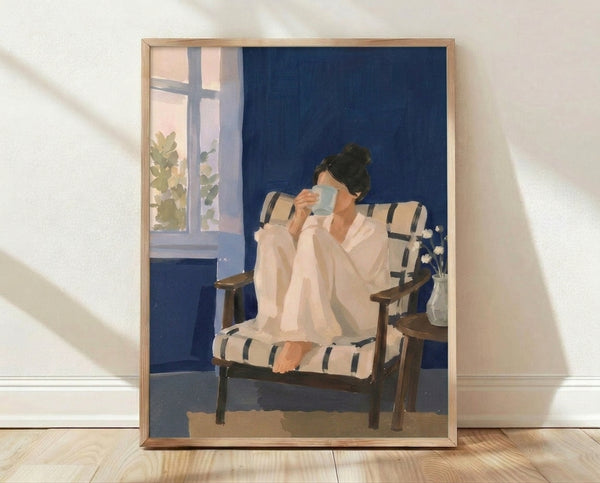 Minimalist Japandi painting of a woman seated by a window holding a coffee cup, surrounded by potted plants and flowers in soft navy, cream, and warm beige tones.
