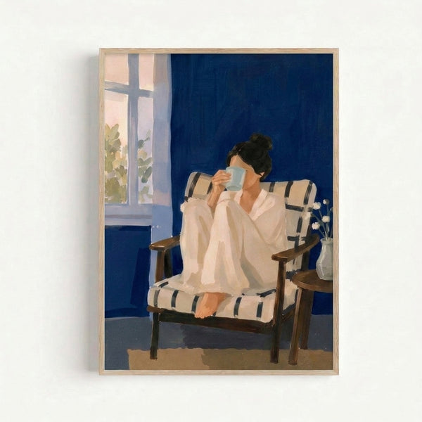 Calm morning scene depicting a woman in a chair enjoying coffee near a sunlit window, rendered in a serene minimalist style with muted pink and brown accents.