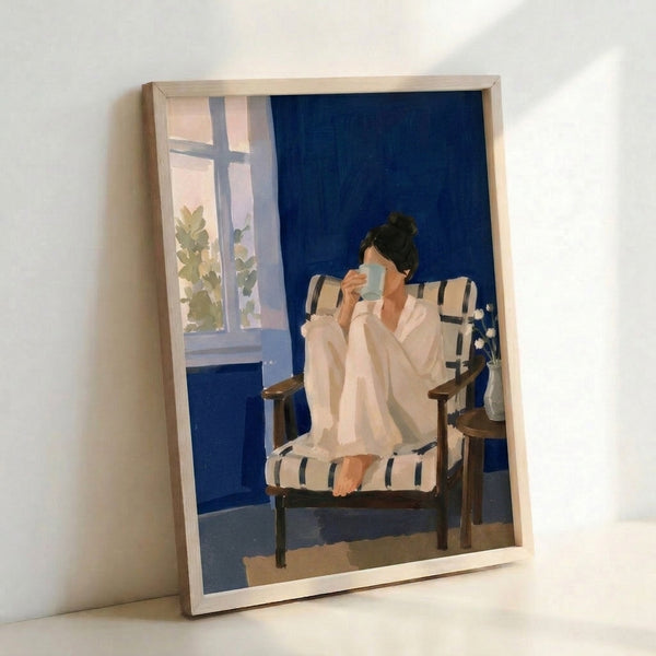 Peaceful interior illustration showing a woman with her coffee ritual, seated among plants by a window in tranquil navy and cream hues with minimalist Japandi aesthetics.