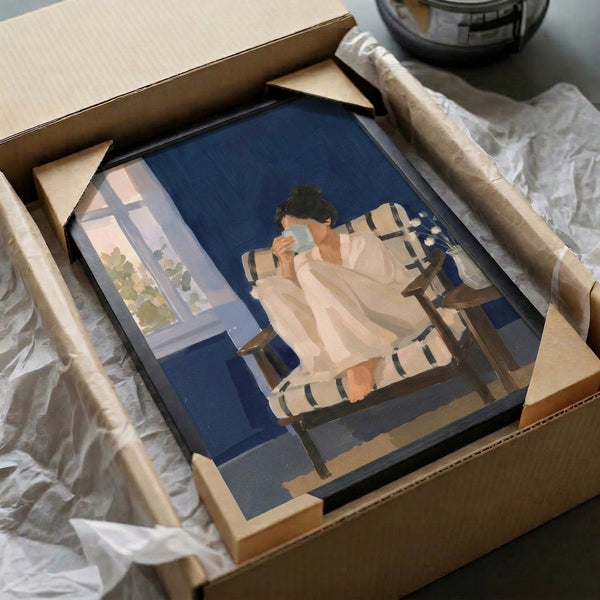 Modern minimalist framed art of a peaceful morning: woman with coffee cup seated indoors amid plants, rendered in a restful palette of navy, cream, and muted rose.