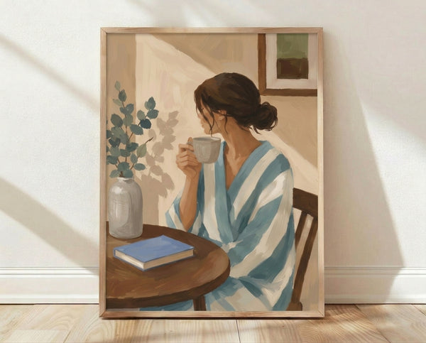 Watercolor poster of a contemplative woman holding a coffee mug by a sunny window, with an open book and potted plant nearby, in soft cream, teal, and sage tones.