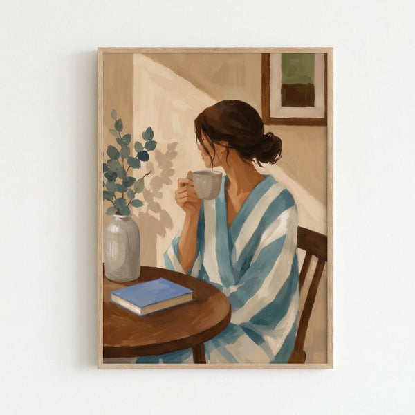Minimalist watercolor art print depicting a peaceful morning scene with a woman sipping coffee beside a vase of flowers and stacked books in warm, muted colors.