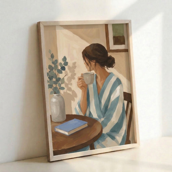 Framed modern watercolor painting showing a serene figure in a cozy interior space with coffee, reading materials, and plants rendered in gentle cream and blue hues.
