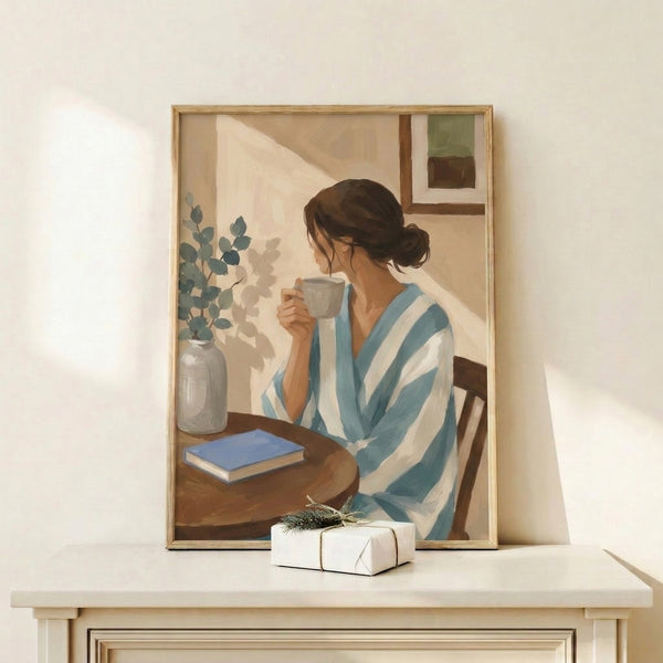 Wabi-sabi inspired watercolor poster of a calm morning moment—woman with coffee mug, book, and botanical elements in soft sage green and warm brown tones.