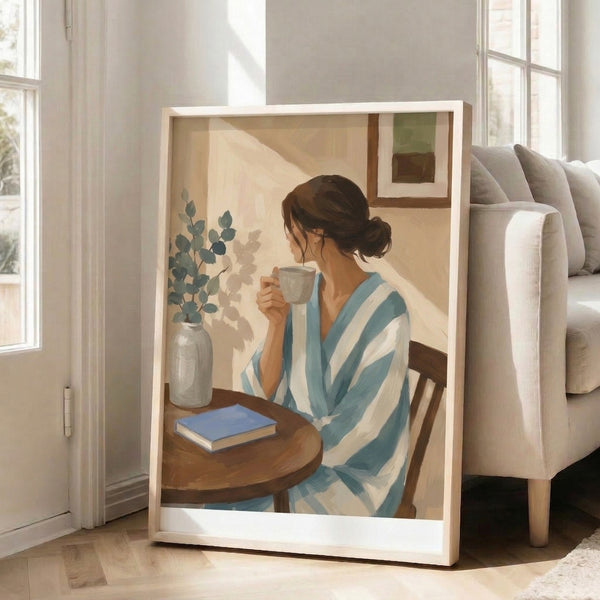 Contemporary minimalist art print capturing a quiet, introspective morning routine with coffee, an open book, and home décor in soft watercolor palette.