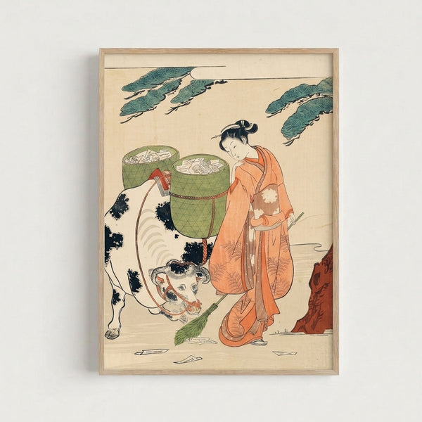 Ukiyo-e style woodblock art featuring a kimono-clad woman with a gentle cow, rendered in cream, terracotta, and pale blue-green with black ink linework, evoking rural tranquility.