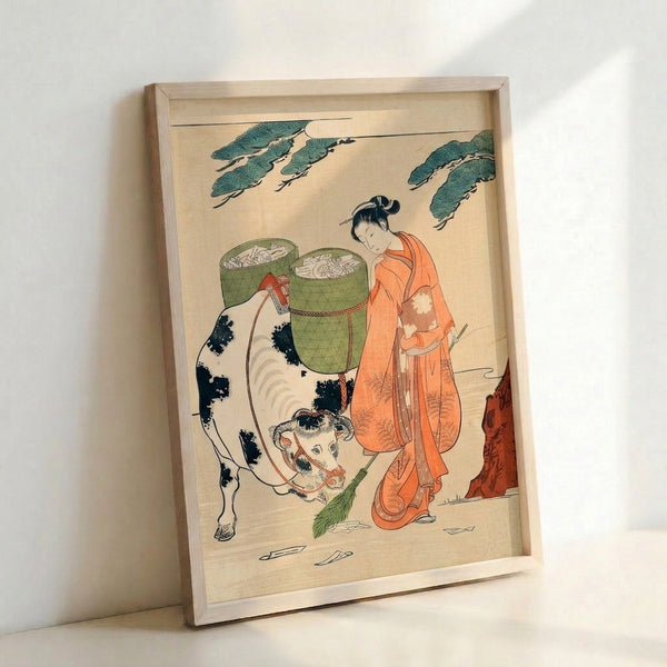 Showa-period woodblock poster showing a woman in traditional dress attending to a cow surrounded by bamboo basketry, capturing quiet domestic folklore in muted earth tones.